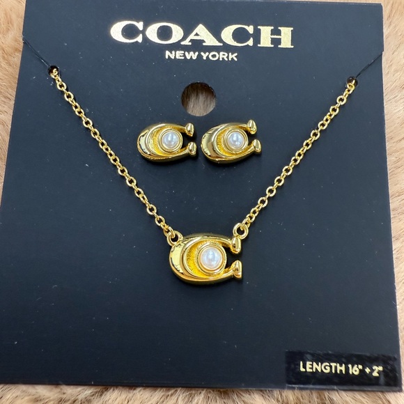 Coach Gold Necklace and Earring Set with Pearl Center - Picture 1 of 3